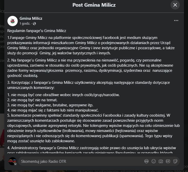 regulamin gminy milicz na facebooku