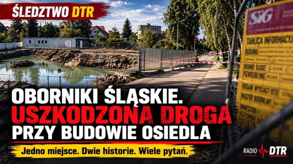 Oborniki Śląskie. Droga uszkodzona przy budowie osiedla. Niedaleko znajduje się żłobek, którego ściany pękały już wcześniej